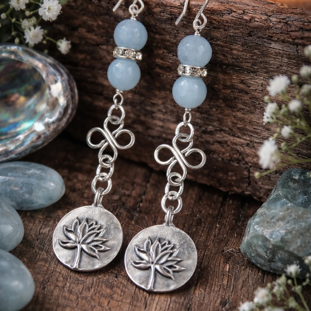 Lotus Rising Aquamarine Gemstone Earrings – Artisan Silver Drop - Picture 5 of 5